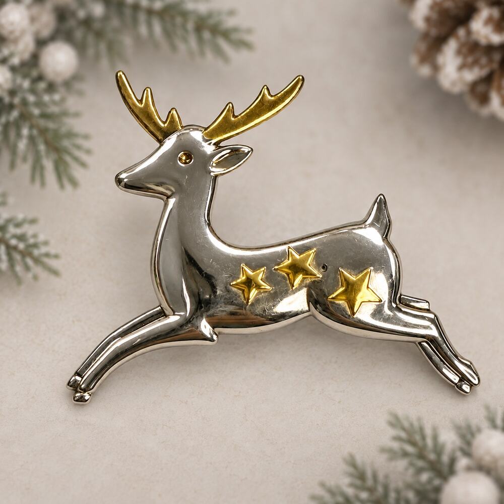 Vintage Hallmark HMK CDS Reindeer Brooch Silver Gold Tone Christmas Pin CP266